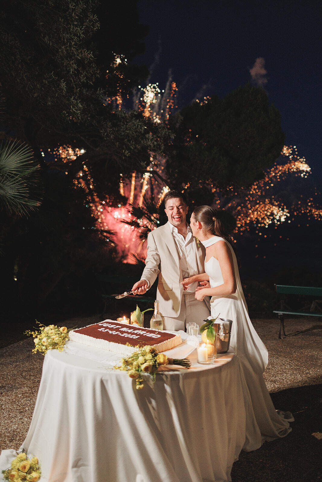 Kathy e Alex accanto alla torta nuziale, con fuochi d’artificio nella notte sullo sfondo.