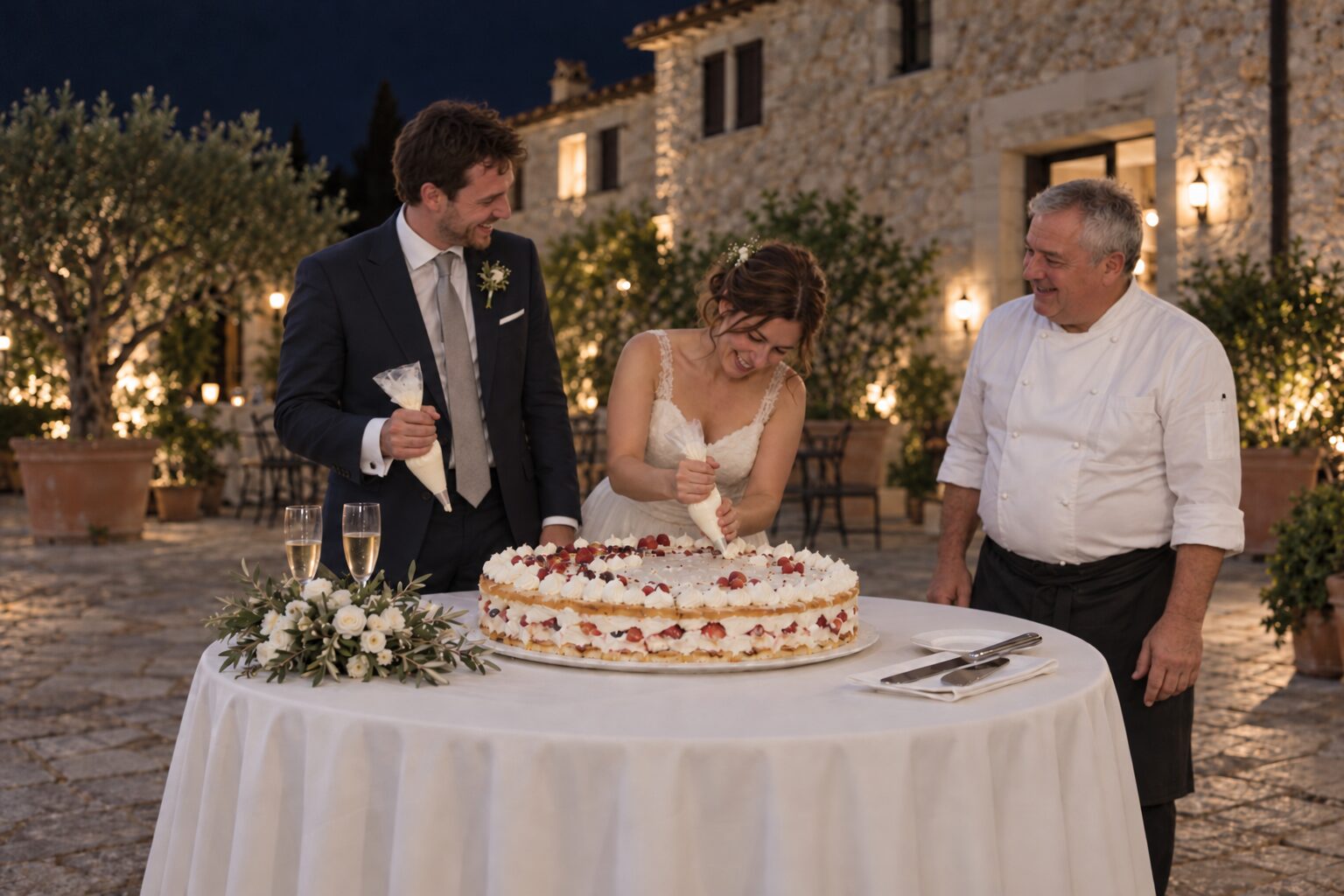 Bride decorating a wedding cake with a piping bag beside the groom and a chef, in an evening setting.