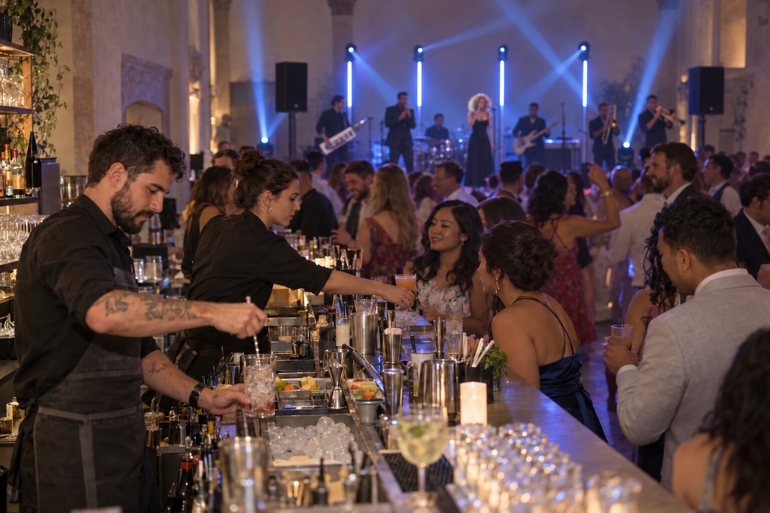 Bartenders serving cocktails beside a wedding dance floor, with guests and a live band in the background.