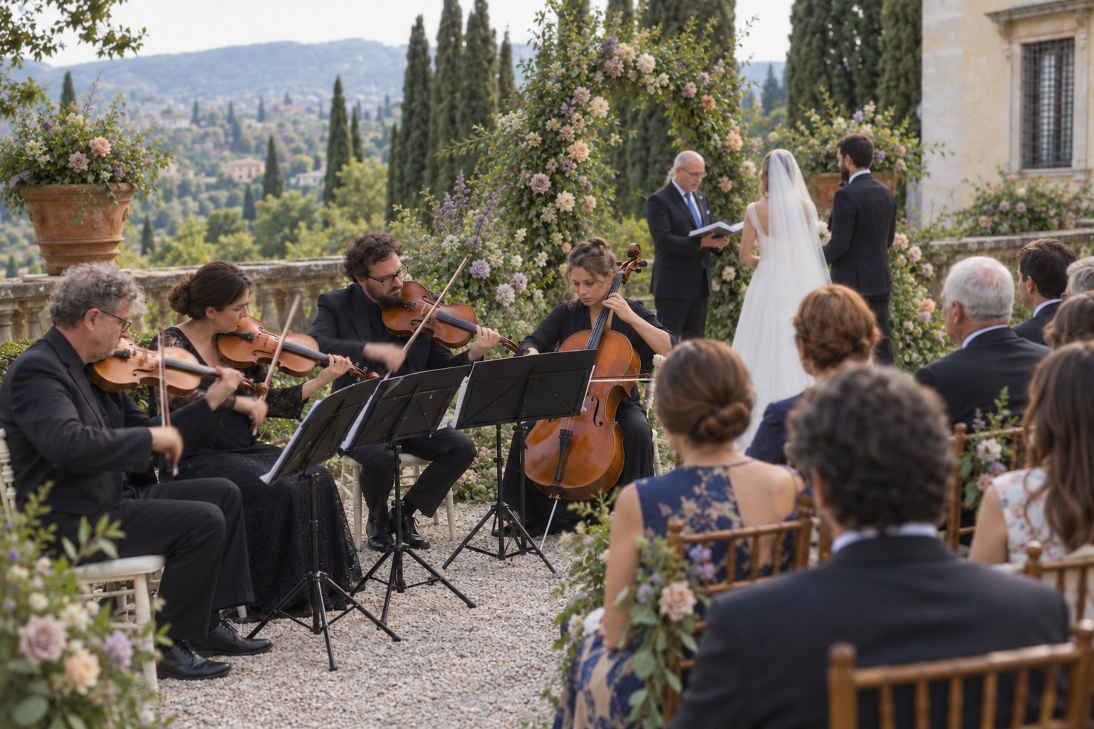 String quartet beside a floral altar during an outdoor wedding ceremony.