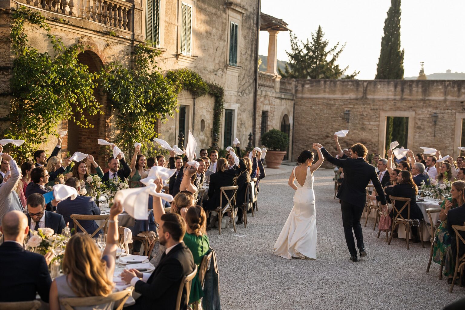 Rear view of a formally dressed couple crossing a gravel courtyard, surrounded by dining guests waving white napkins beside an old stone building.