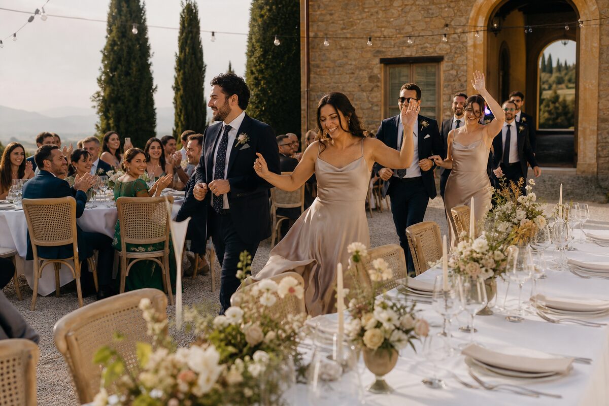 Bridesmaids and groomsmen dancing between reception tables towards a long, decorated head table.