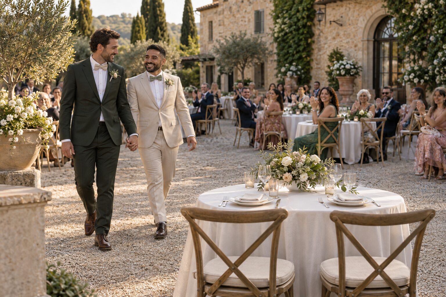 Two grooms walk hand in hand toward an empty table with two chairs and two place settings at an outdoor reception.