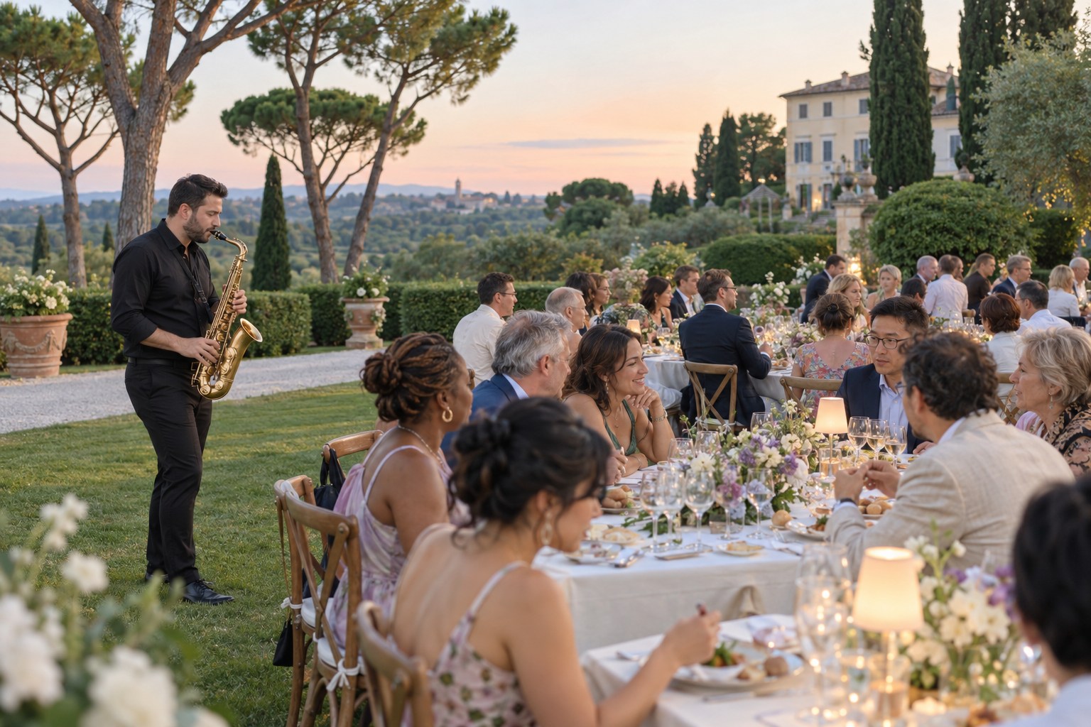 Un sassofonista accompagna una cena di matrimonio all’aperto al tramonto.